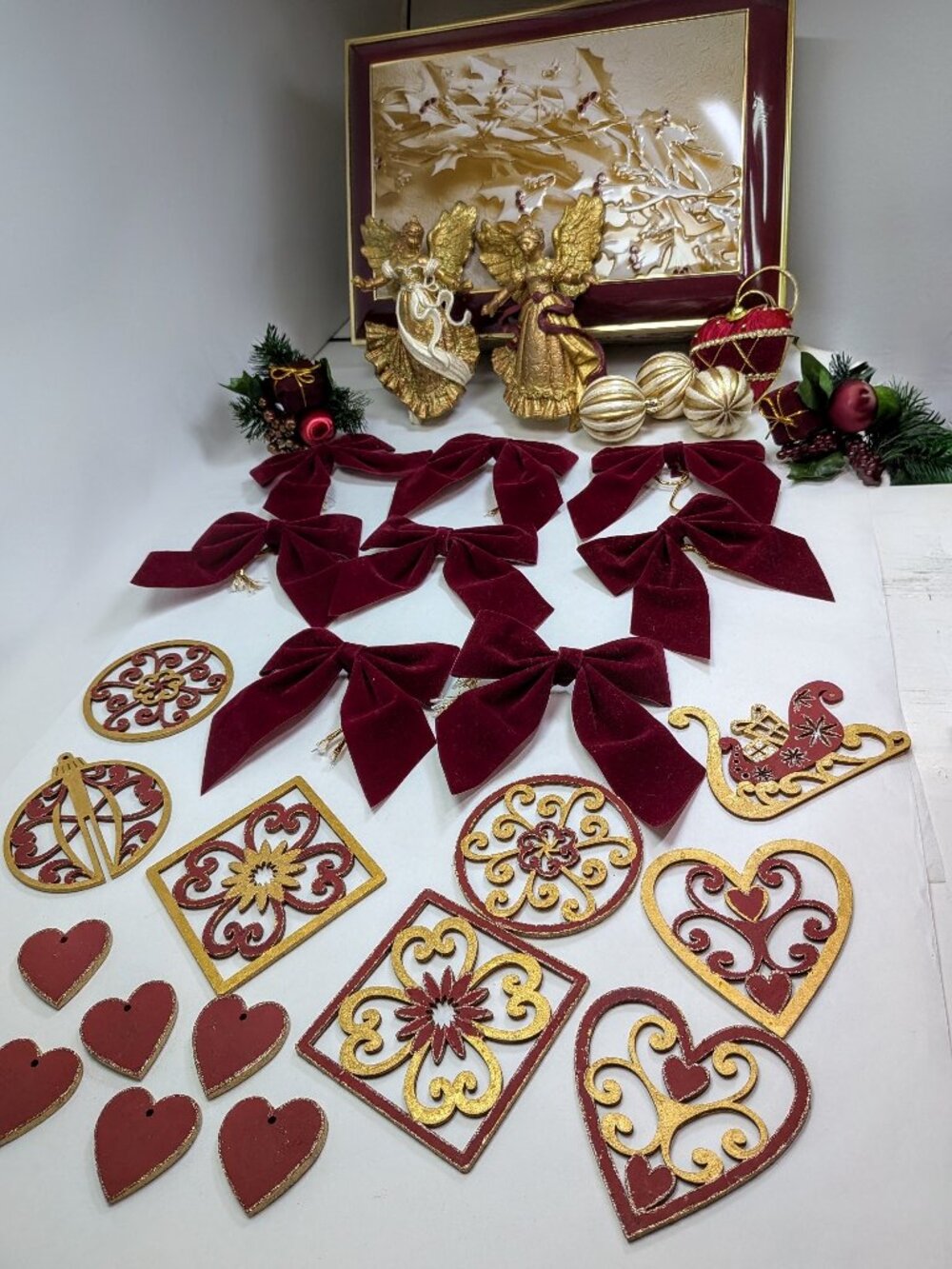 Victorian Burgundy & Gold Christmas Lot + Henry Lambertz Metal Tin Box, Bows